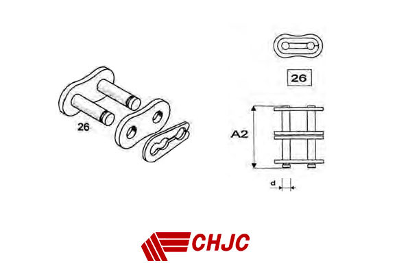 Giunzione Doppia, passo 1/2" x 5/16" (12,7x7,75 mm), ISO 08 B2, Acciaio, tipo 26 con graffetta/molletta