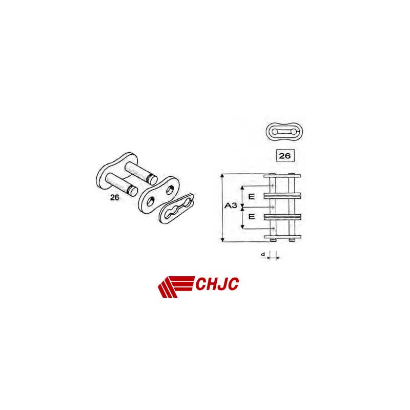 Jonction Triple, pas 3/8" x 7/32" (9,525x5,72 mm), ISO 06 B3, Acier, type 26 avec agrafe/spring